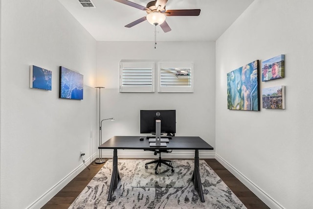 office area with dark hardwood / wood-style flooring and ceiling fan