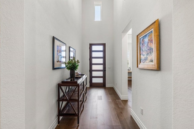 interior space with dark hardwood / wood-style flooring and a towering ceiling