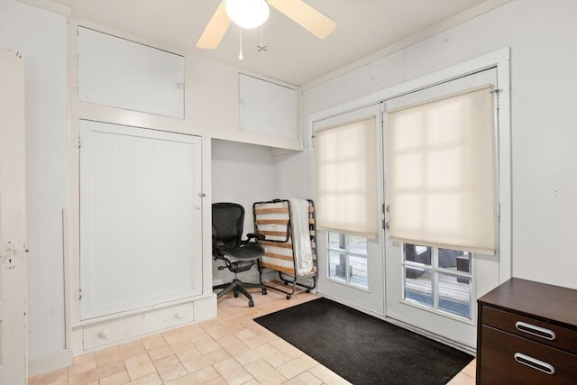 office featuring french doors and ceiling fan