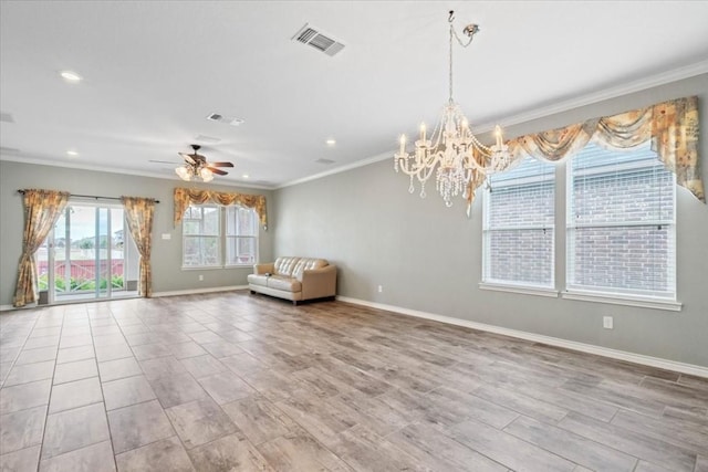 unfurnished room with light wood finished floors, baseboards, visible vents, ornamental molding, and ceiling fan with notable chandelier