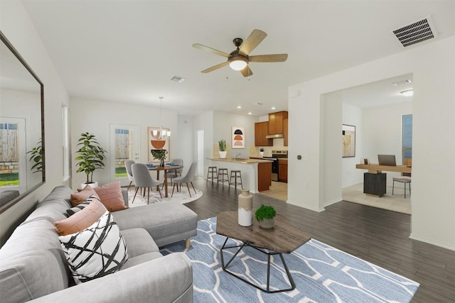 12521 Orchard Grove Ln, Manor, TX 78653 - living area featuring dark wood finished floors, recessed lighting, a ceiling fan, and baseboards