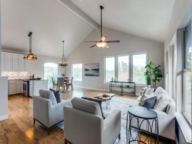 living room with beamed ceiling, light wood-type flooring, high vaulted ceiling, and plenty of natural light