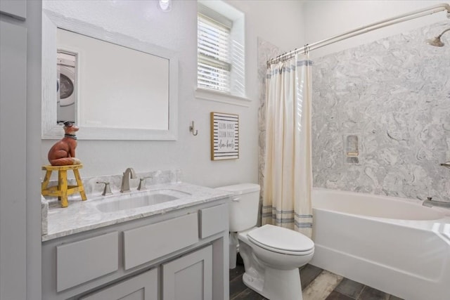 full bathroom with vanity, toilet, and shower / bath combo with shower curtain