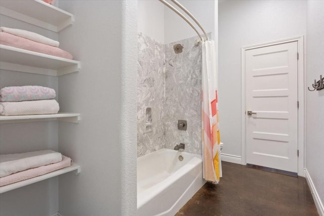 bathroom with toilet, shower / bathtub combination with curtain, and concrete floors