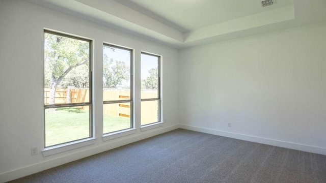 carpeted empty room with a raised ceiling, visible vents, and baseboards