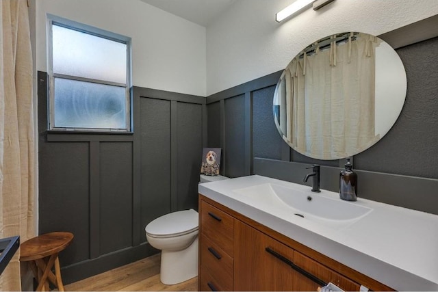 bathroom with vanity, toilet, and wood-type flooring