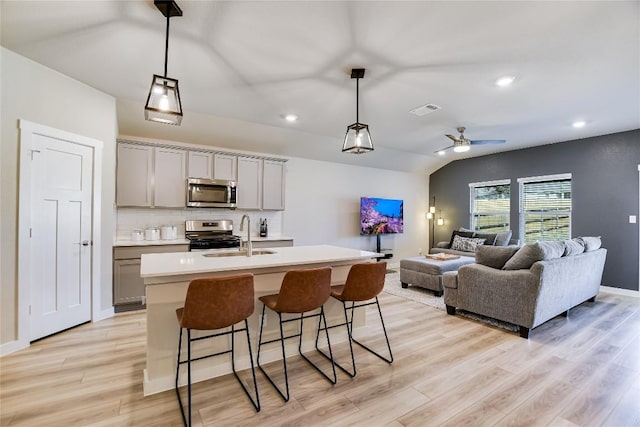 kitchen with gray cabinets, light hardwood / wood-style floors, stainless steel appliances, and an island with sink