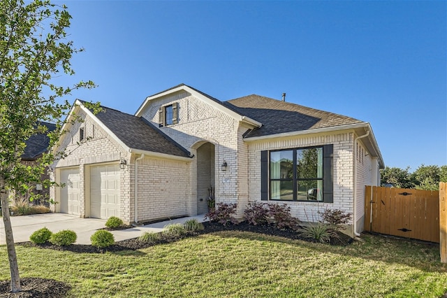 view of front of property with a front yard and a garage