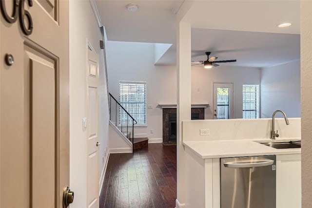 kitchen with stainless steel dishwasher, dark hardwood / wood-style floors, crown molding, ceiling fan, and sink