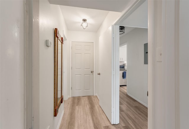 hallway featuring light wood-type flooring and electric panel