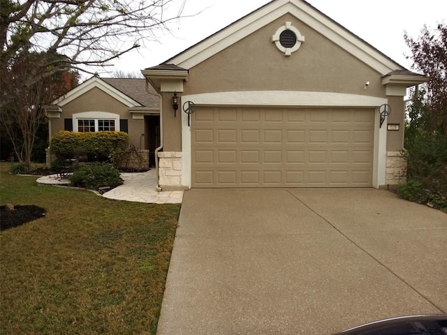 ranch-style home with a garage and a front lawn