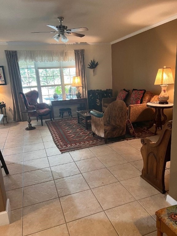 tiled living room with ceiling fan and ornamental molding