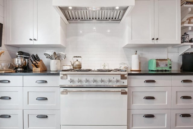 kitchen with tasteful backsplash, premium range hood, range, and white cabinetry