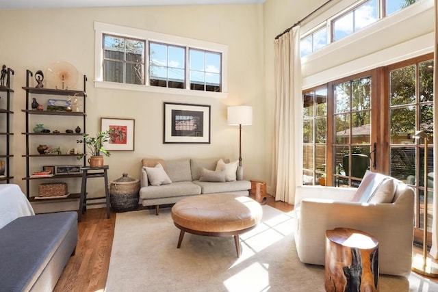 living area with a towering ceiling and light wood-type flooring