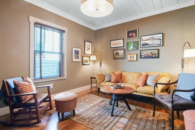 living room featuring hardwood / wood-style floors and wooden ceiling