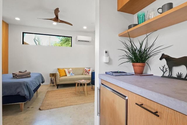 bedroom featuring a wall unit AC, concrete flooring, a ceiling fan, and recessed lighting