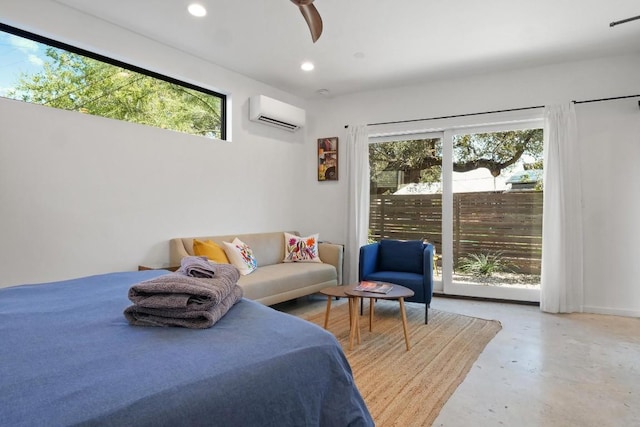 bedroom with ceiling fan, access to exterior, multiple windows, and an AC wall unit