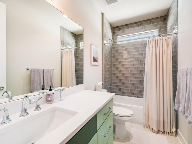 1211 Cometa St Unit B, Austin, TX 78721 - bathroom with toilet, vanity, shower / bathtub combination with curtain, and tile patterned floors