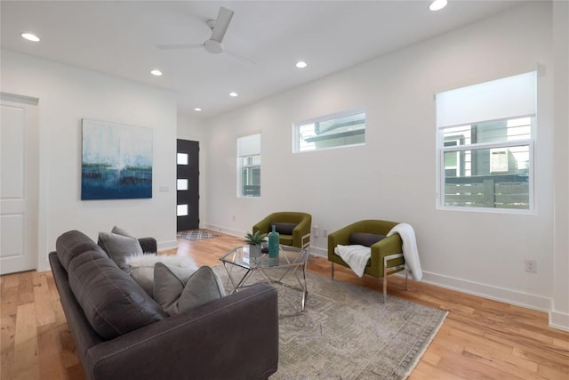 1211 Cometa St Unit B, Austin, TX 78721 - living room with light wood-type flooring, a ceiling fan, recessed lighting, and baseboards