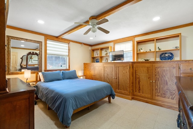 bedroom featuring ceiling fan and crown molding