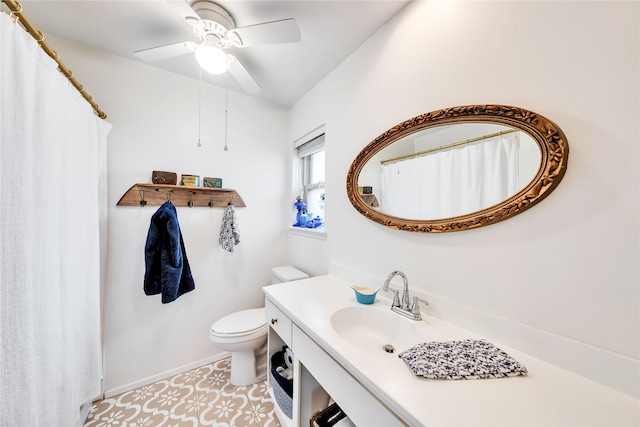 bathroom featuring ceiling fan, toilet, tile patterned flooring, and sink