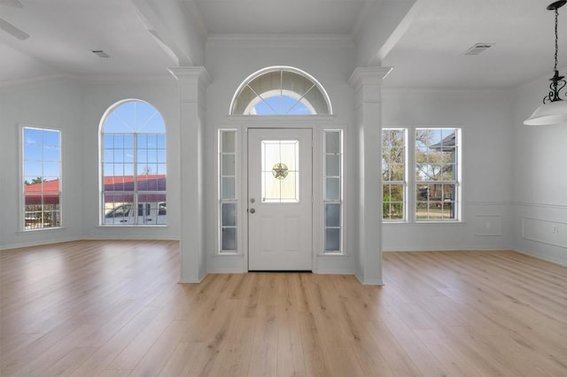 foyer with light hardwood / wood-style floors, ornate columns, crown molding, and a wealth of natural light