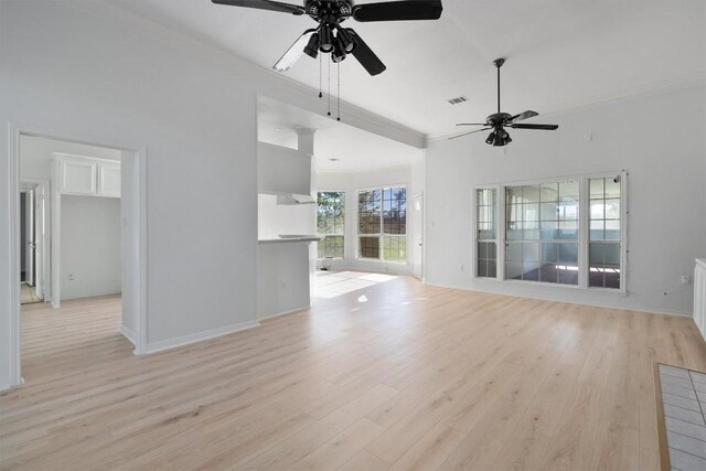 unfurnished living room featuring ceiling fan and light hardwood / wood-style floors