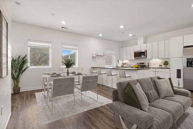 living room with hardwood / wood-style floors and sink