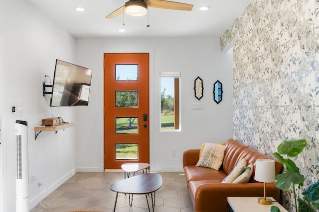 living room featuring ceiling fan