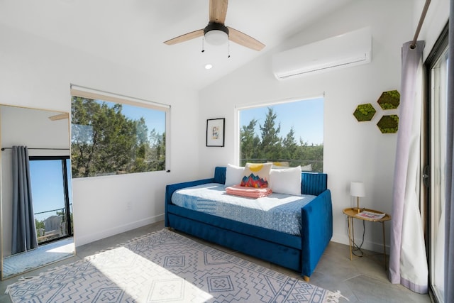 bedroom with a wall unit AC, lofted ceiling, and ceiling fan