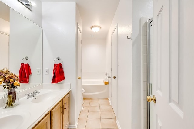 full bathroom featuring tile patterned floors, vanity, independent shower and bath, and toilet