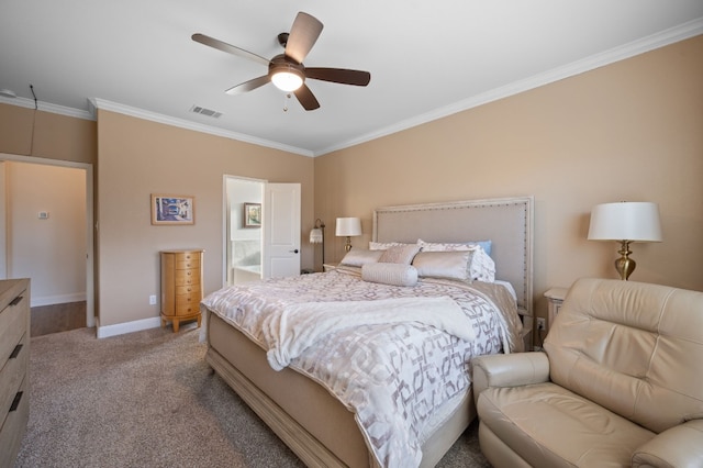 carpeted bedroom featuring ceiling fan and ornamental molding