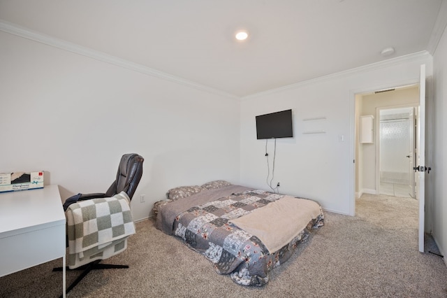 carpeted bedroom featuring crown molding