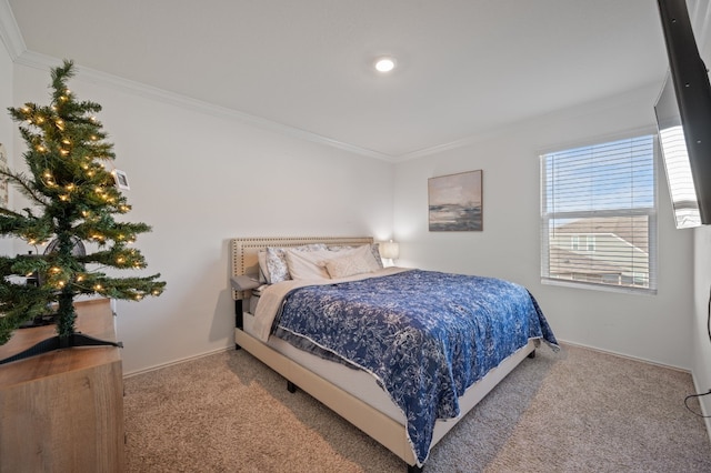 carpeted bedroom featuring ornamental molding