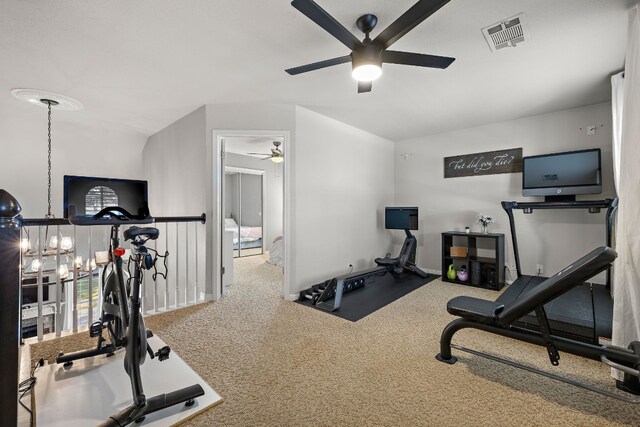 workout area featuring carpet floors and ceiling fan