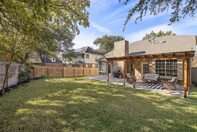 view of yard featuring a pergola, a patio area, and outdoor lounge area