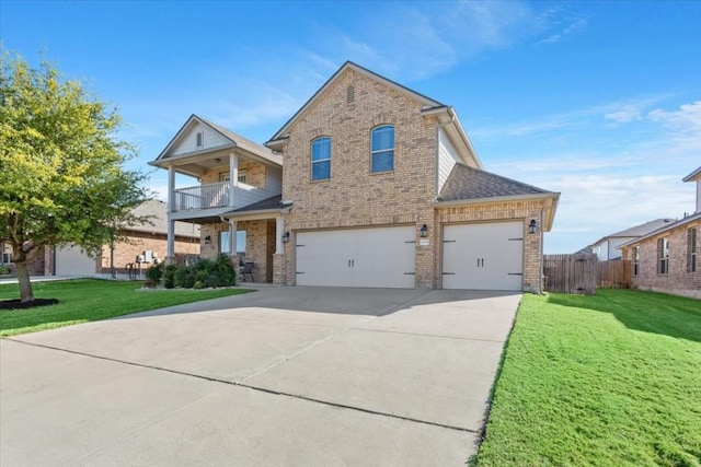 view of front of house with a balcony, a garage, and a front lawn