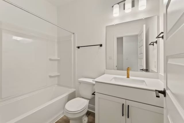 full bathroom with vanity, shower / bathing tub combination, wood-type flooring, and toilet