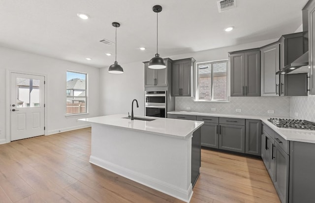 217 Canyoncrest Way, Liberty Hill, TX 78642 - kitchen featuring stainless steel appliances, gray cabinets, tasteful backsplash, healthy amount of natural light, and recessed lighting