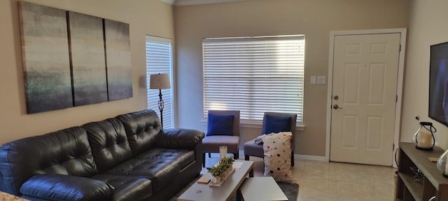 living room featuring light tile patterned flooring