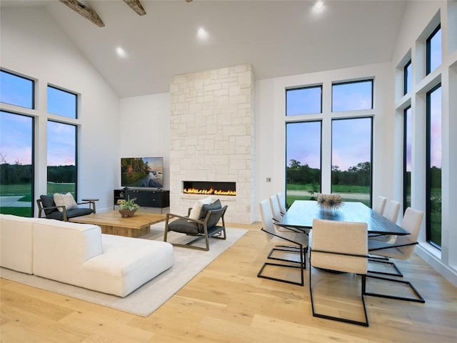 living room with light hardwood / wood-style floors, a stone fireplace, and high vaulted ceiling