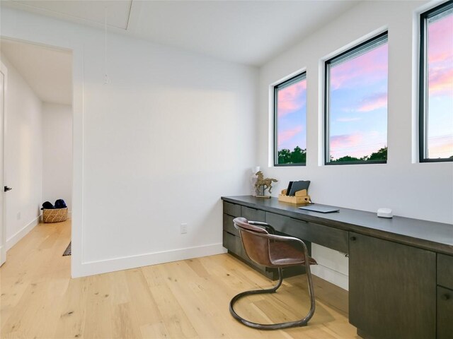 office space featuring built in desk, light hardwood / wood-style flooring, and a wealth of natural light