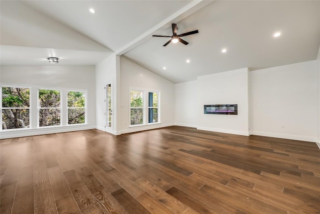 unfurnished living room featuring beamed ceiling, dark hardwood / wood-style floors, ceiling fan, and high vaulted ceiling