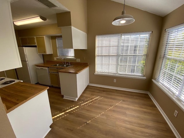 1005 N Lbj Dr Unit A-5, San Marcos, TX 78666 - kitchen featuring dishwasher, wood counters, a sink, dark wood finished floors, and lofted ceiling