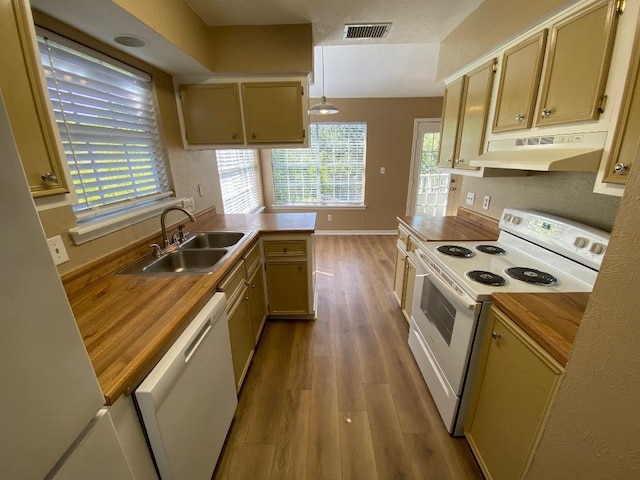 1005 N Lbj Dr Unit A-5, San Marcos, TX 78666 - kitchen with white appliances, a sink, under cabinet range hood, wood finished floors, and butcher block counters