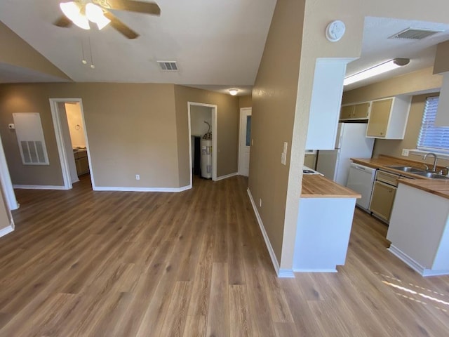 1005 N Lbj Dr Unit A-5, San Marcos, TX 78666 - kitchen with a sink, white appliances, light wood-type flooring, a ceiling fan, and wood counters