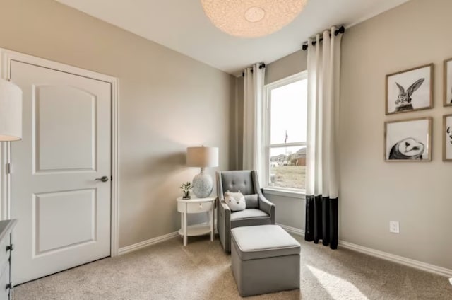 sitting room featuring light carpet