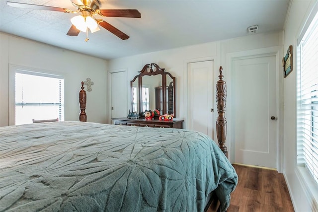 bedroom featuring two closets, ceiling fan, and dark wood-type flooring