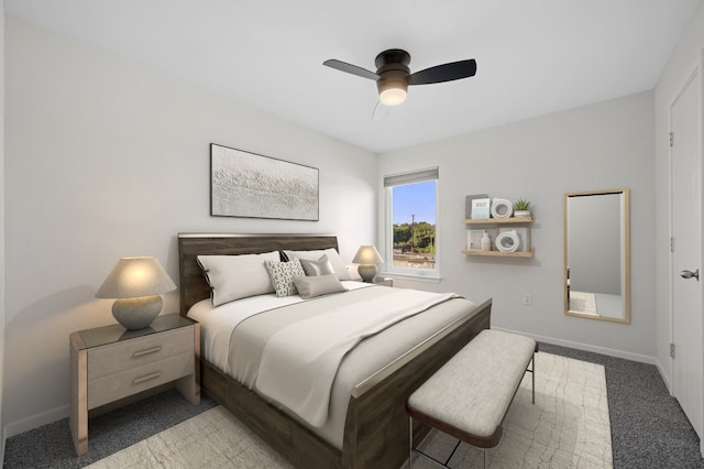 carpeted bedroom with ceiling fan