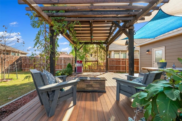 deck with an outdoor living space, a pergola, and a yard